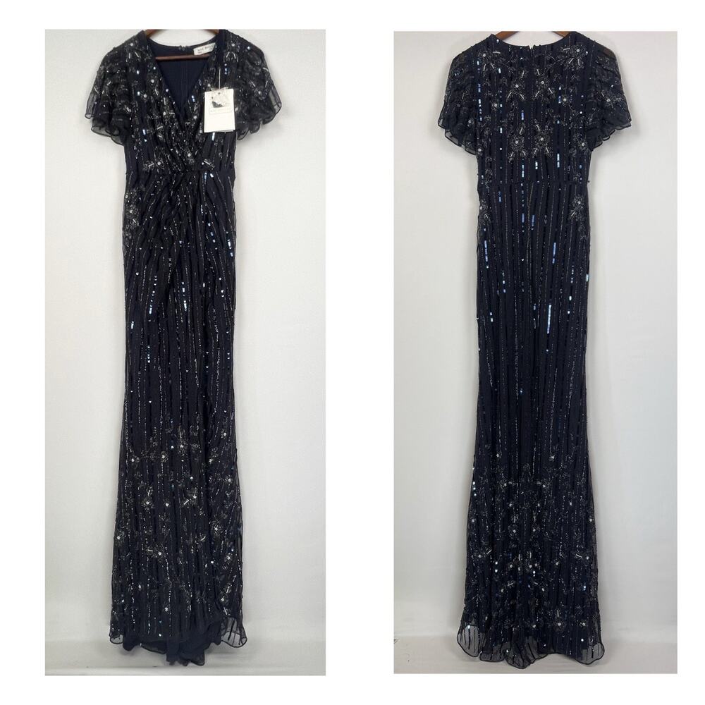 Mac Duggal 2 Black Sequin Evening Gown Prom Maxi Dress Slit Flutter Sleeve - Picture 8 of 10
